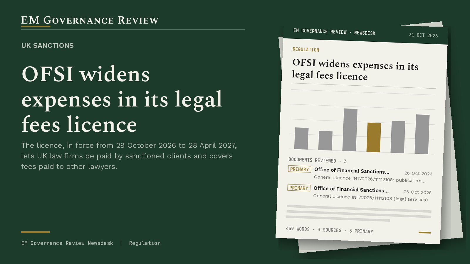 Cover card: UK sanctions, OFSI widens expenses in its legal fees licence