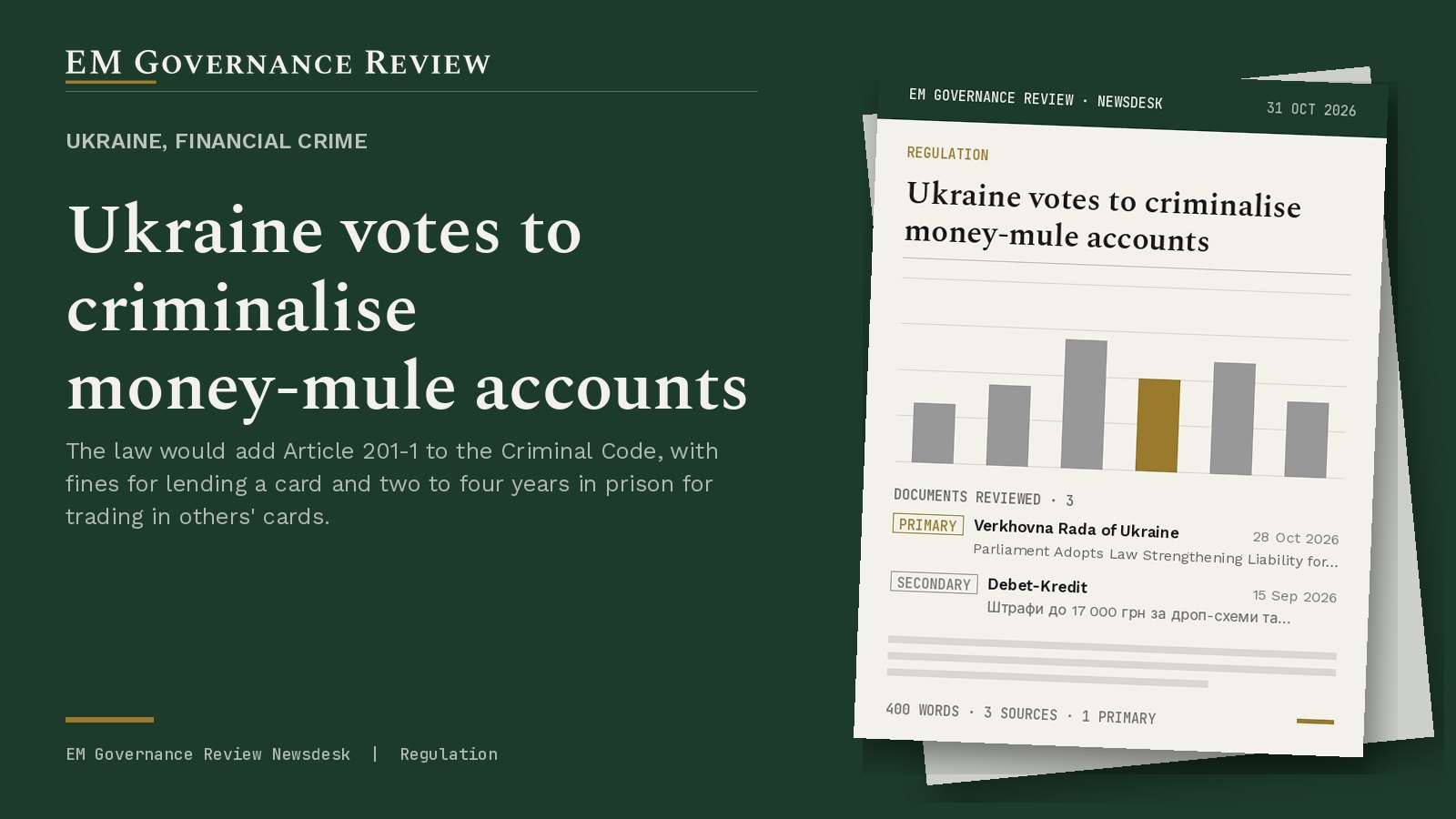 Cover card: Ukraine, financial crime, Ukraine votes to criminalise money-mule accounts
