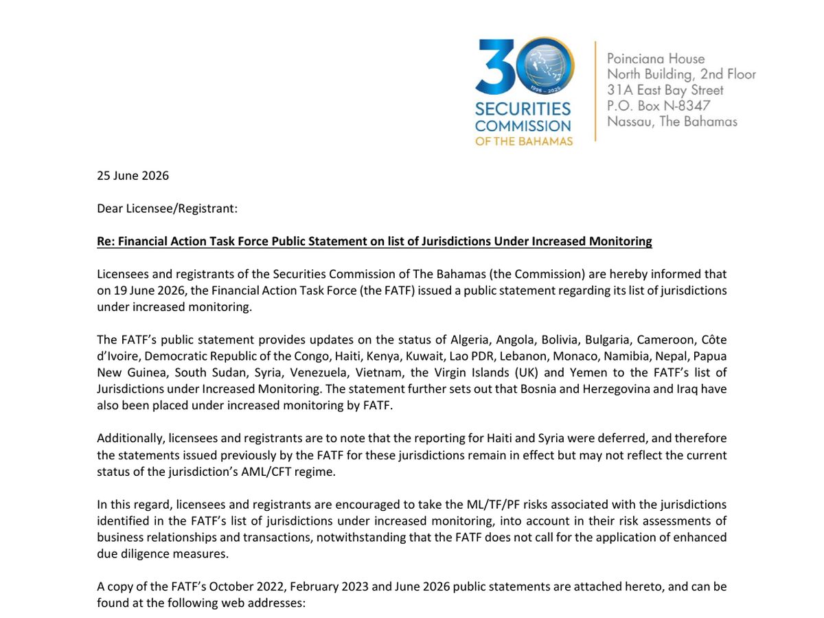 The top of the first page of Notice on FATF public statement on jurisdictions under increased monitoring (with copy of the June 2026 statement)