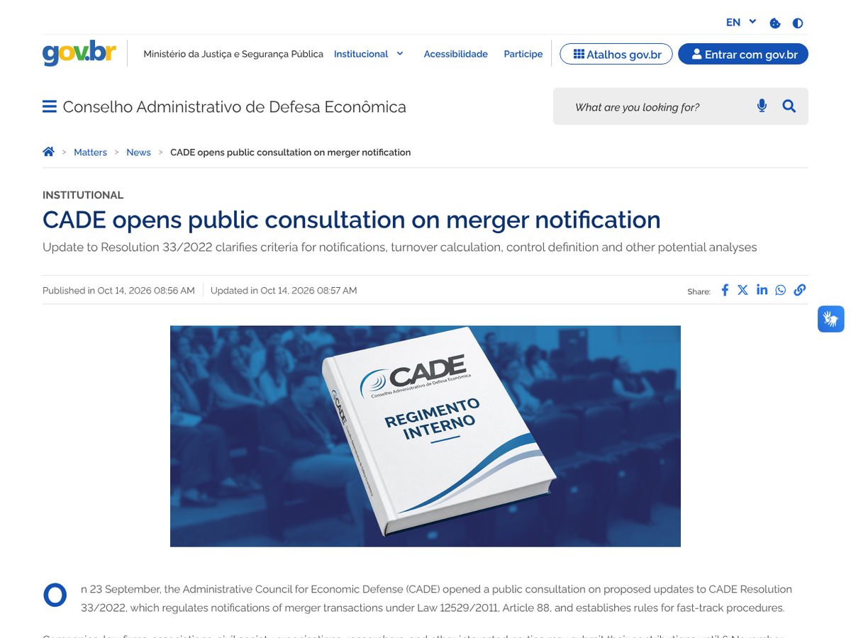 The page of CADE opens public consultation on merger notification as published online
