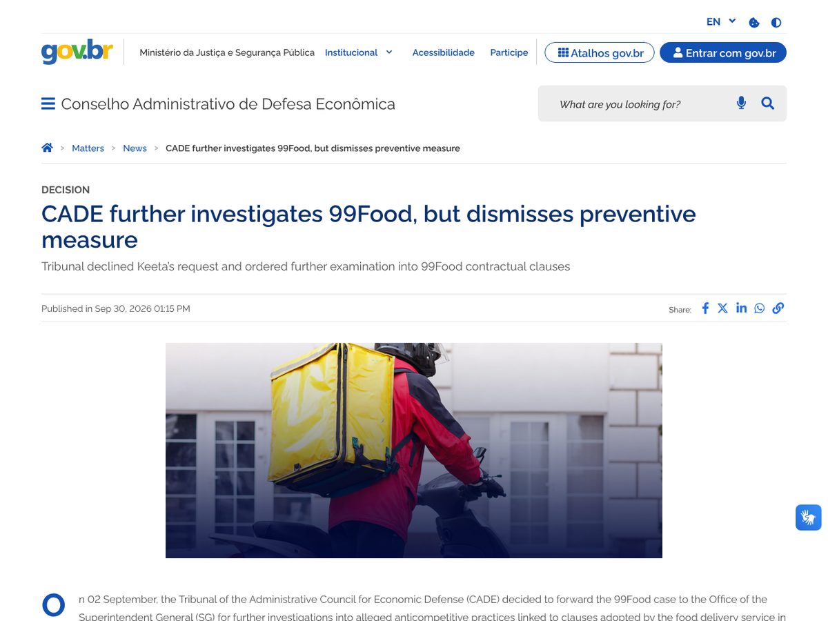 The page of CADE further investigates 99Food, but dismisses preventive measure as published online