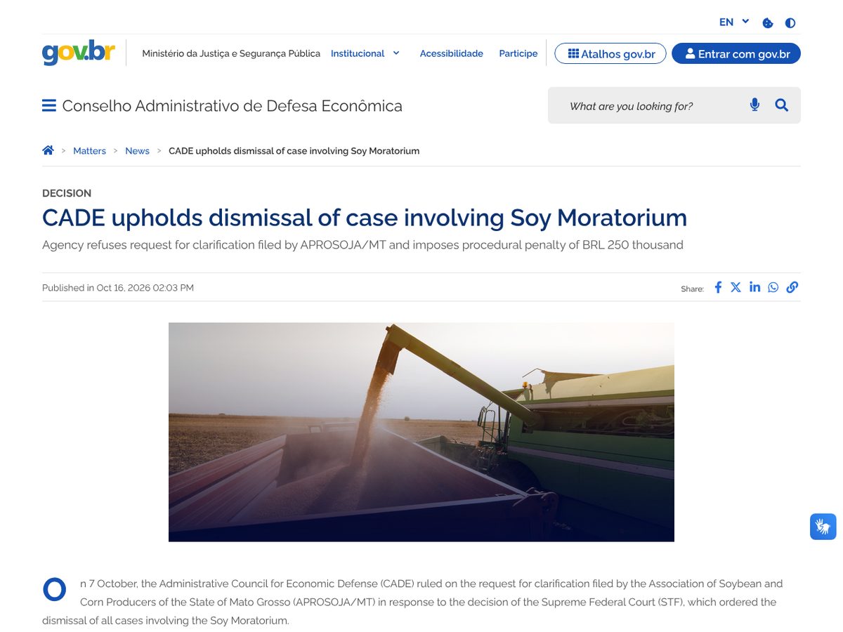 The page of CADE upholds dismissal of case involving Soy Moratorium as published online