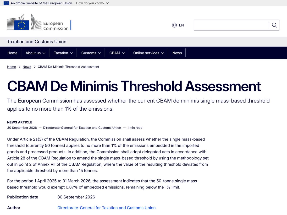 The page of CBAM De Minimis Threshold Assessment as published online