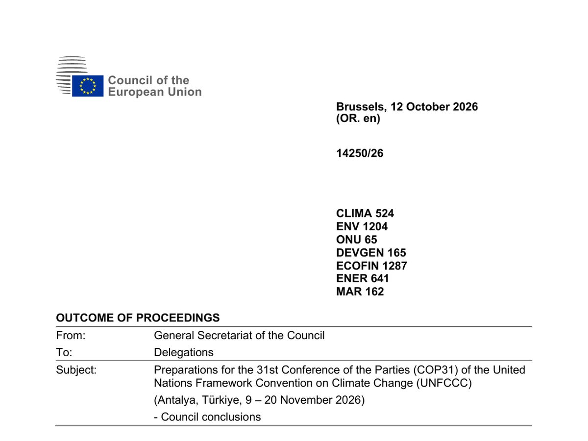 The top of the first page of Council conclusions on COP31 (ST 14250/26)