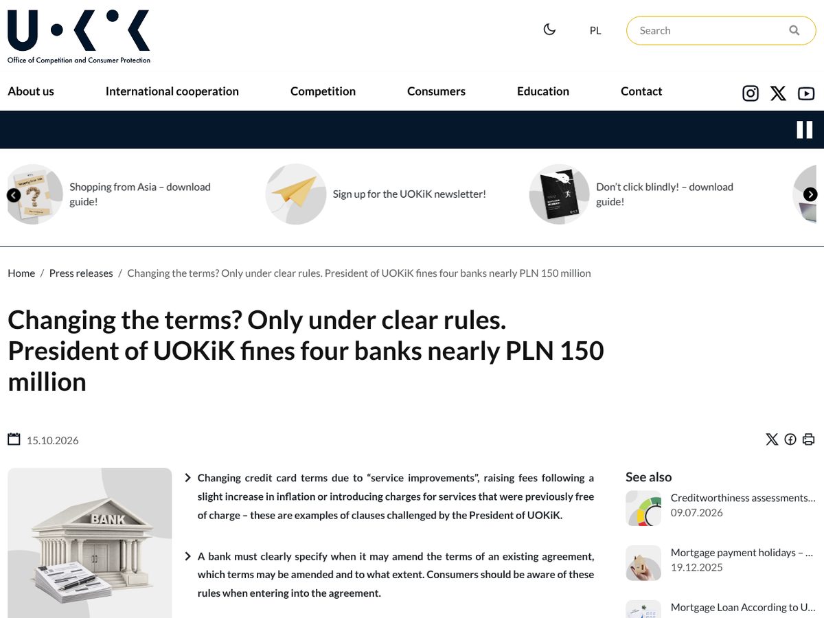 The page of Changing the terms? Only under clear rules. President of UOKiK fines four banks nearly PLN 150 million as published online