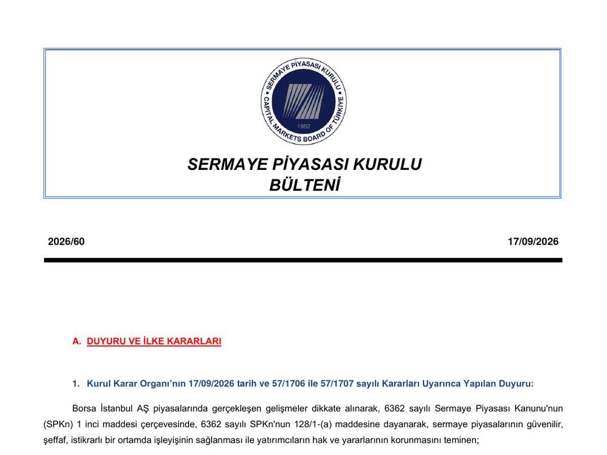The top of the first page of SPK Bülteni 2026/60 (Kurul Karar Organı kararları 57/1706 ve 57/1707)