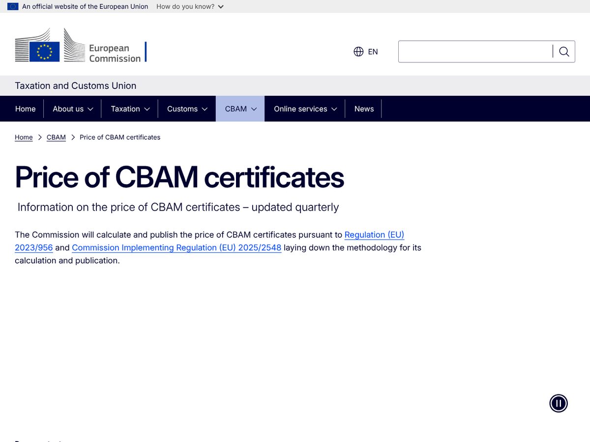 The page of Price of CBAM certificates as published online