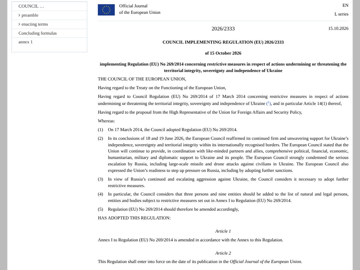 The page of Council Implementing Regulation (EU) 2026/2333 of 15 October 2026 implementing Regulation (EU) No 269/2014 as published online