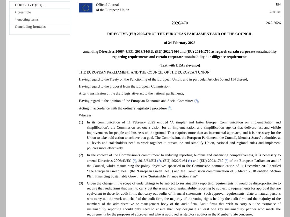 The page of Directive (EU) 2026/470 amending Directives 2006/43/EC, 2013/34/EU, (EU) 2022/2464 and (EU) 2024/1760 as published online