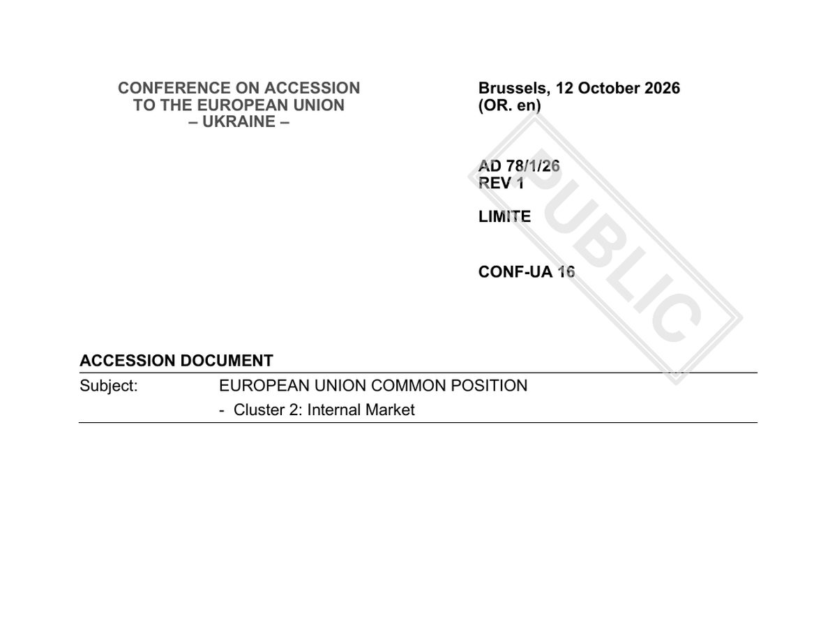 The top of the first page of EU common position, Cluster 2: internal market (AD 78/26 REV 1)