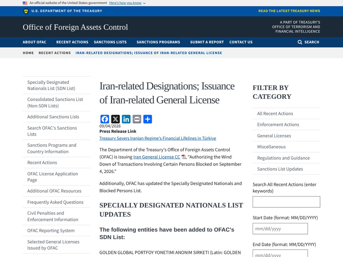 The page of Iran-related Designations; Issuance of Iran-related General License (OFAC Recent Actions, 4 September 2026) as published online
