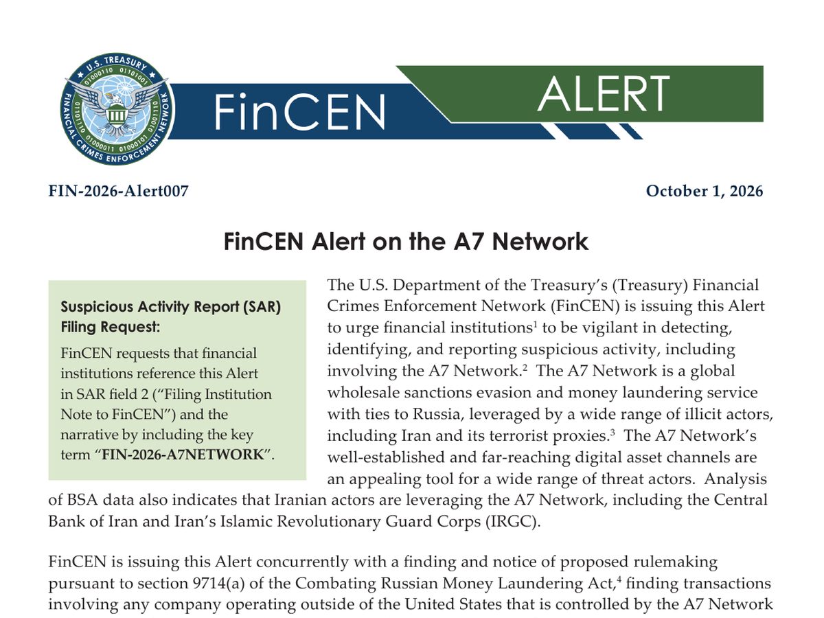 The top of the first page of FinCEN Alert FIN-2026-Alert007 on the A7 Network