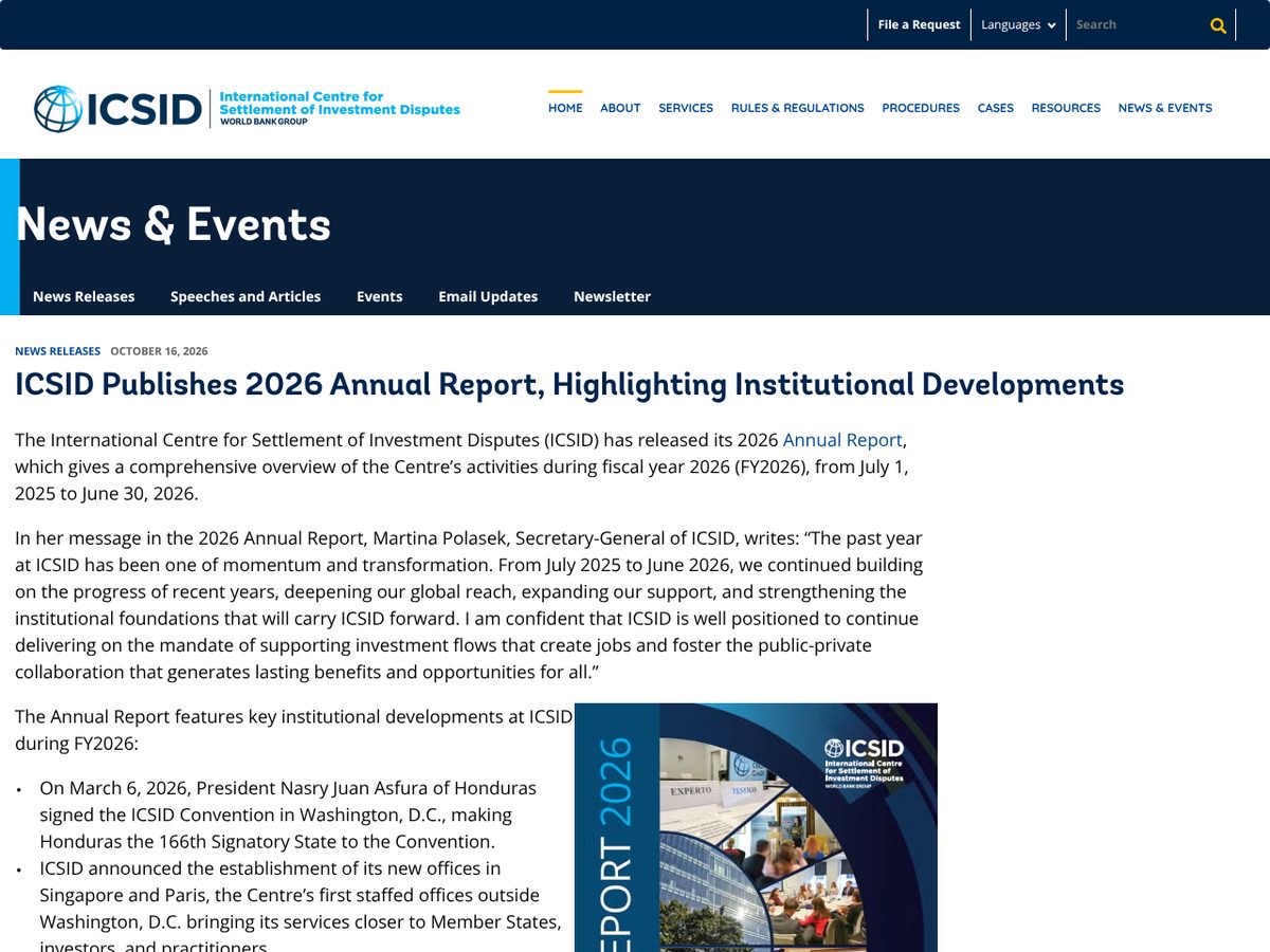 The page of ICSID publishes 2026 Annual Report as published online