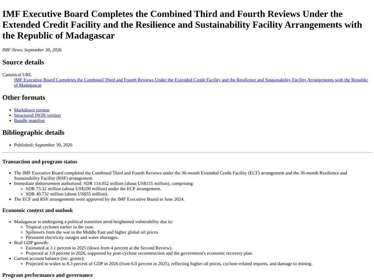 The page of IMF Executive Board completes the combined third and fourth reviews for Madagascar, Press Release No. 26/312 as published online