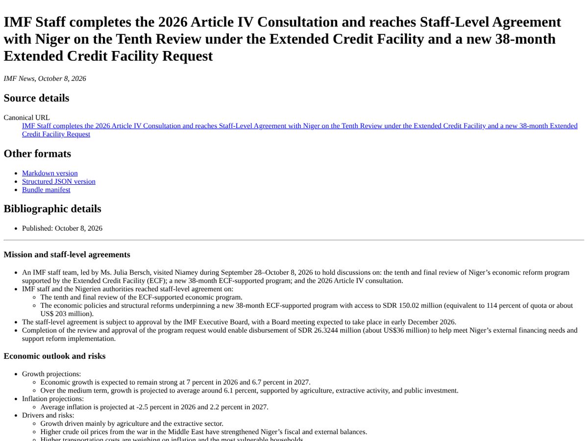 The page of IMF Staff completes the 2026 Article IV Consultation and reaches Staff-Level Agreement with Niger on the Tenth Review under the ECF and a new 38-month ECF Request (PR 26/328) as published online