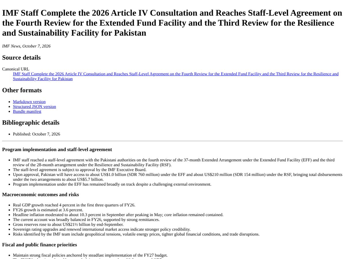 The page of IMF Staff Complete the 2026 Article IV Consultation and Reach Staff-Level Agreement on the Fourth Review of the EFF and Third Review of the RSF for Pakistan (PR 26/326) as published online