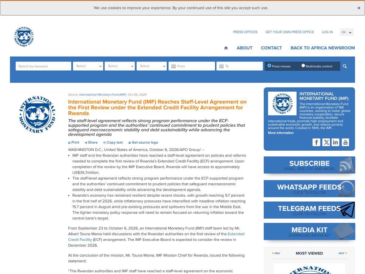The page of International Monetary Fund (IMF) Reaches Staff-Level Agreement on the First Review under the Extended Credit Facility Arrangement for Rwanda as published online