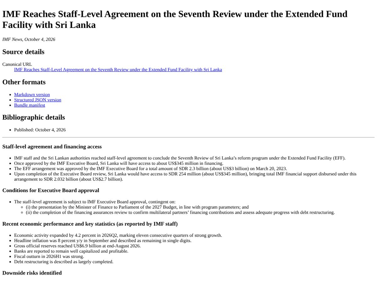 The page of IMF Reaches Staff-Level Agreement on the Seventh Review under the Extended Fund Facility with Sri Lanka (PR 26/318) as published online
