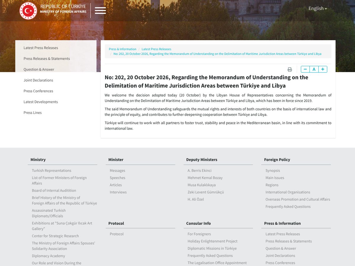 The page of No: 202, 20 October 2026, Regarding the Memorandum of Understanding on the Delimitation of Maritime Jurisdiction Areas between Türkiye and Libya as published online