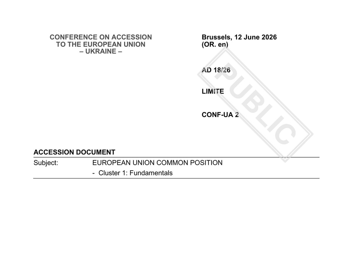 The top of the first page of EU Common Position, Cluster 1: Fundamentals, with rule-of-law interim benchmarks (AD 18/26)