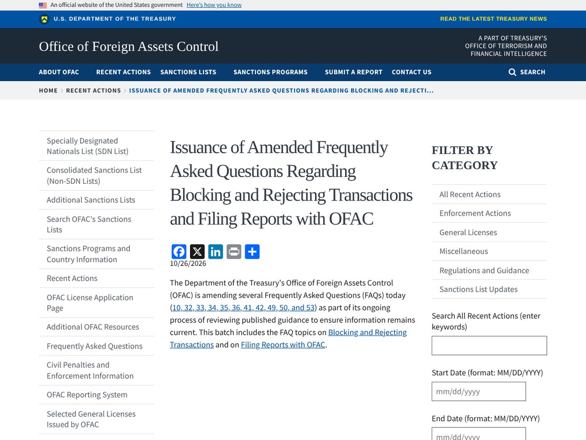 The page of Issuance of Amended Frequently Asked Questions Regarding Blocking and Rejecting Transactions and Filing Reports with OFAC as published online