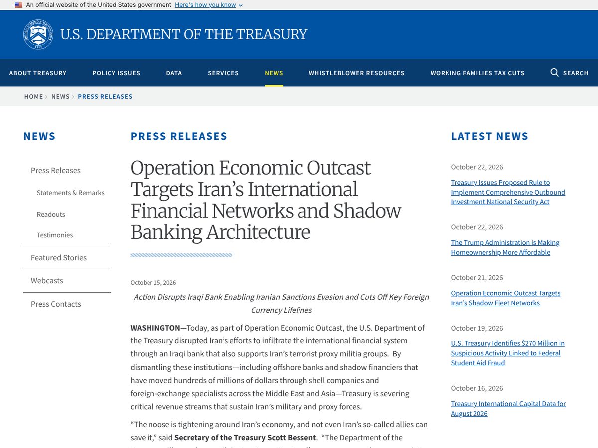 The page of Operation Economic Outcast Targets Iran's International Financial Networks and Shadow Banking Architecture as published online