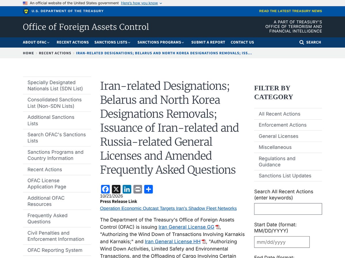 The page of Iran-related Designations; Belarus and North Korea Designations Removals; Issuance of Iran-related and Russia-related General Licenses and Amended Frequently Asked Questions as published online