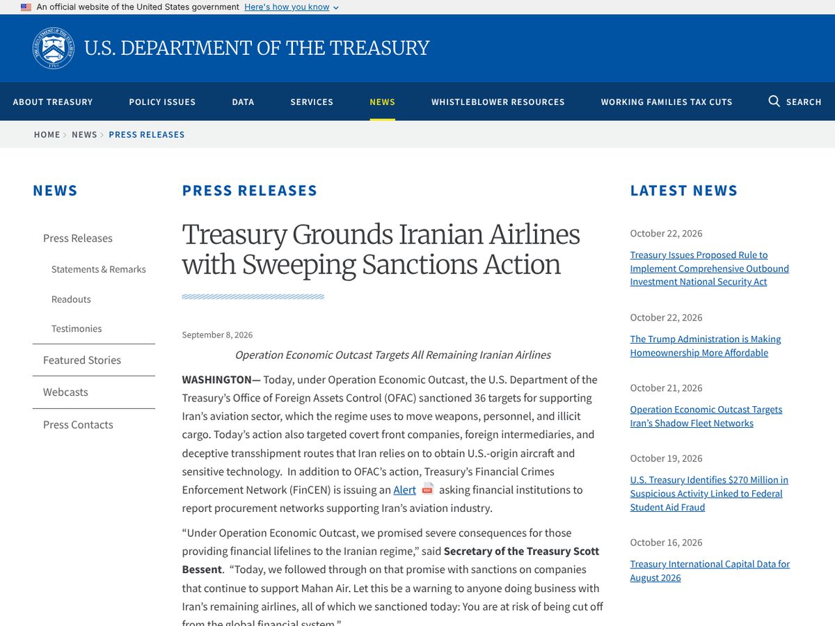 The page of Treasury Grounds Iranian Airlines with Sweeping Sanctions Action as published online