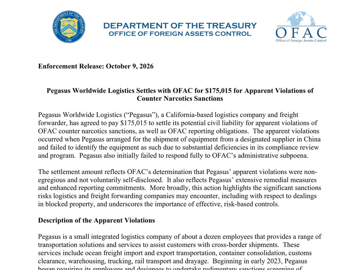 The top of the first page of Enforcement Release: Pegasus Worldwide Logistics Settles with OFAC for $175,015 for Apparent Violations of Counter Narcotics Sanctions