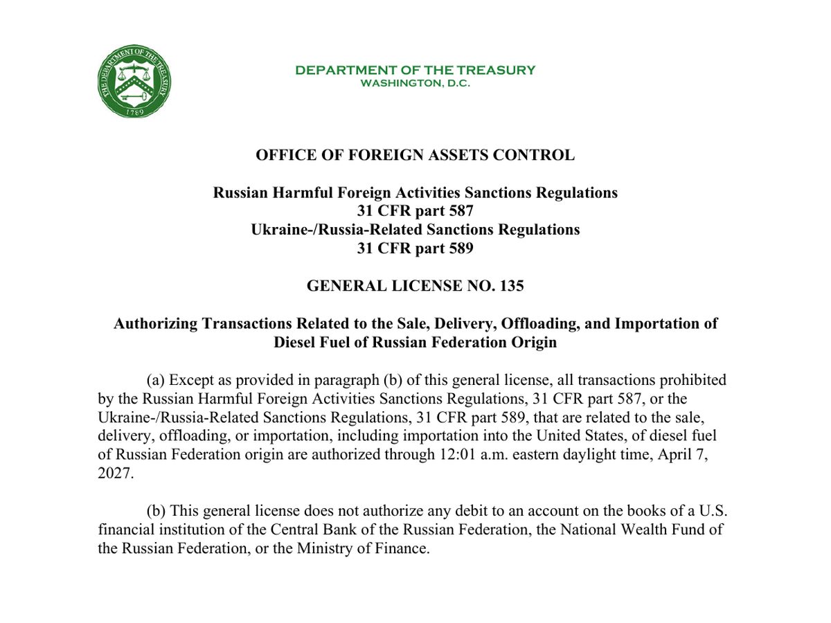 The top of the first page of Russia-related General License No. 135: Authorizing Transactions Related to the Sale, Delivery, Offloading, and Importation of Diesel Fuel of Russian Federation Origin