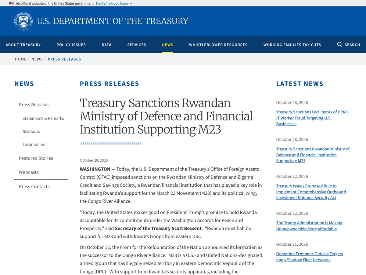 The page of Treasury Sanctions Rwandan Ministry of Defence and Financial Institution Supporting M23 as published online