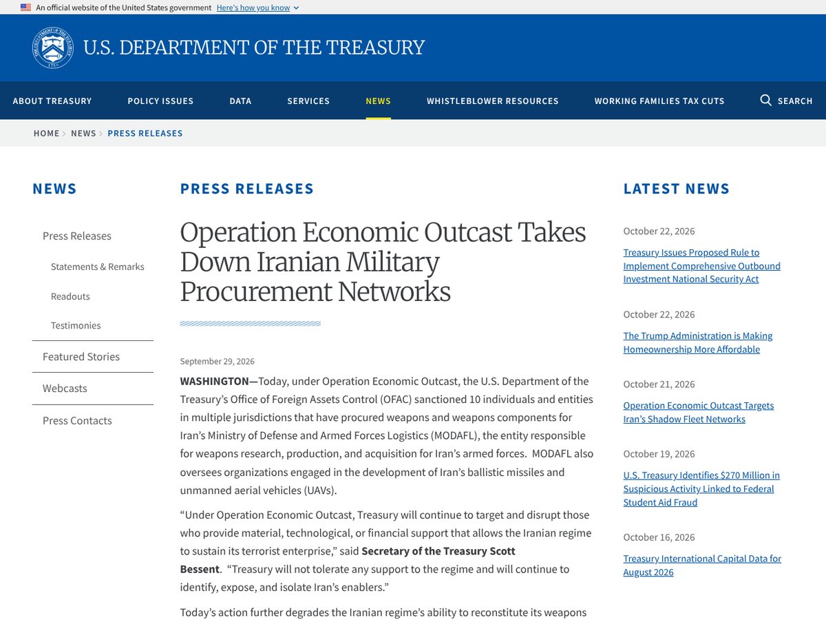 The page of Operation Economic Outcast Takes Down Iranian Military Procurement Networks as published online