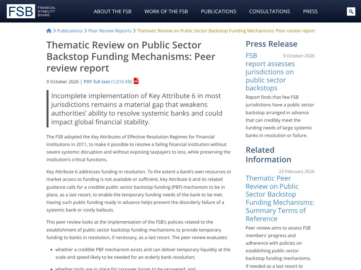 The page of Thematic Review on Public Sector Backstop Funding Mechanisms: Peer review report as published online