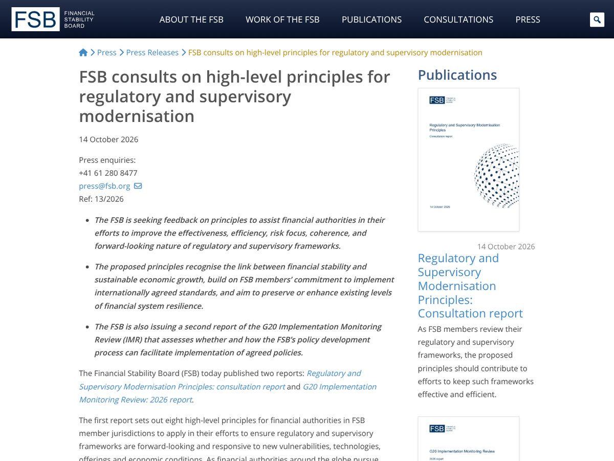 The page of FSB consults on high-level principles for regulatory and supervisory modernisation as published online