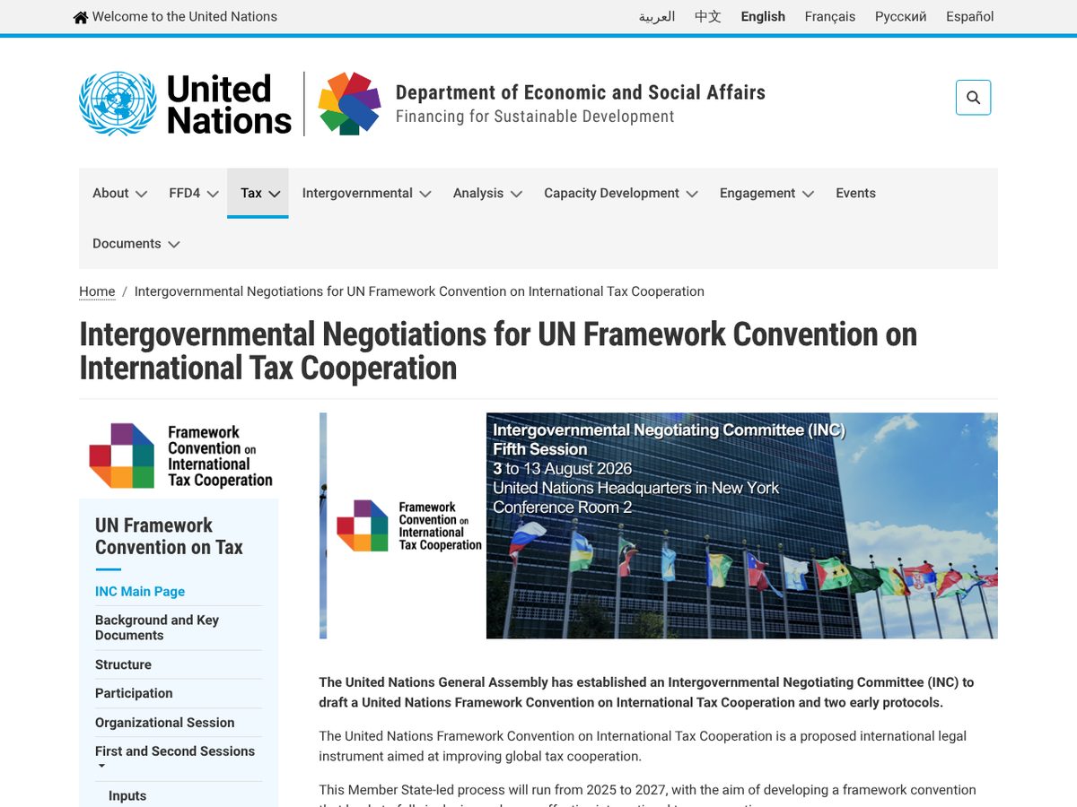 The page of Intergovernmental Negotiations for UN Framework Convention on International Tax Cooperation as published online