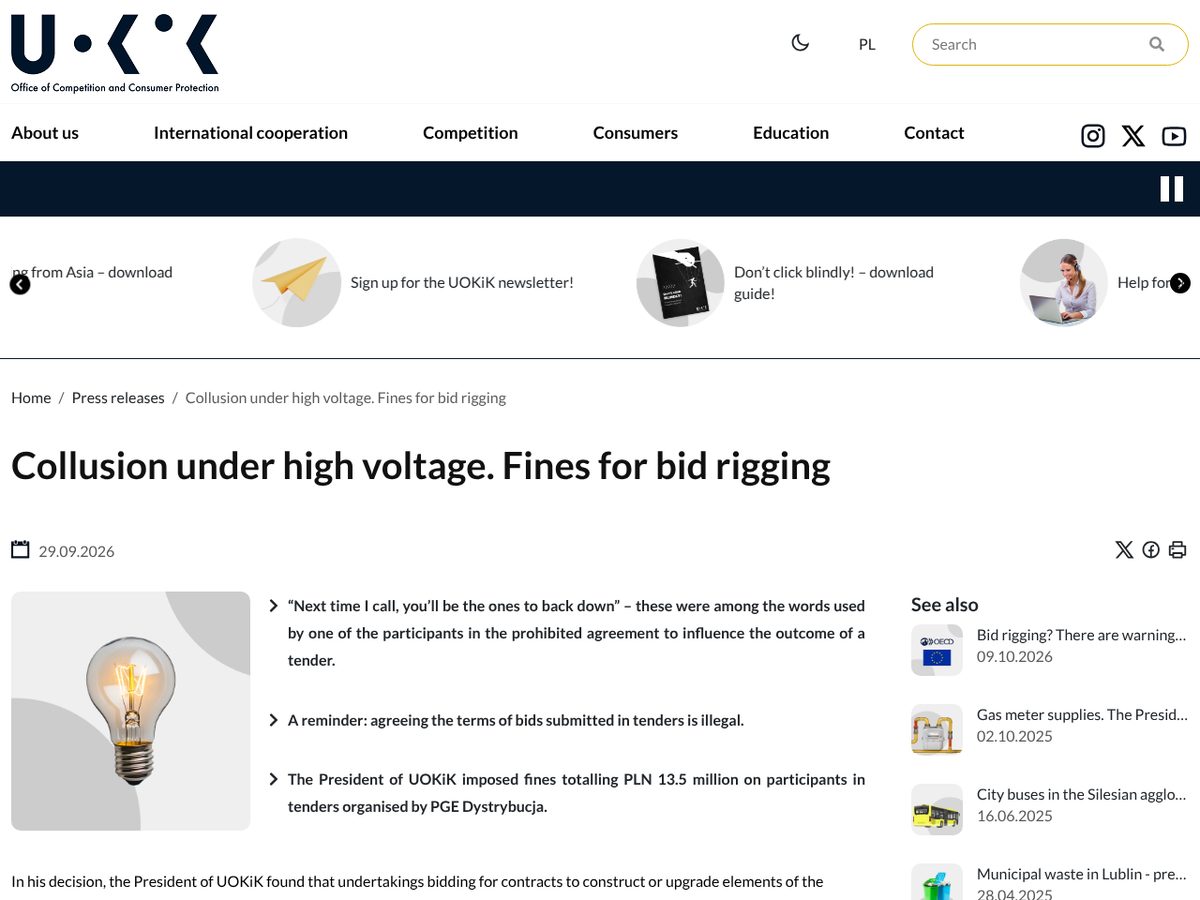 The page of Collusion under high voltage. Fines for bid rigging as published online