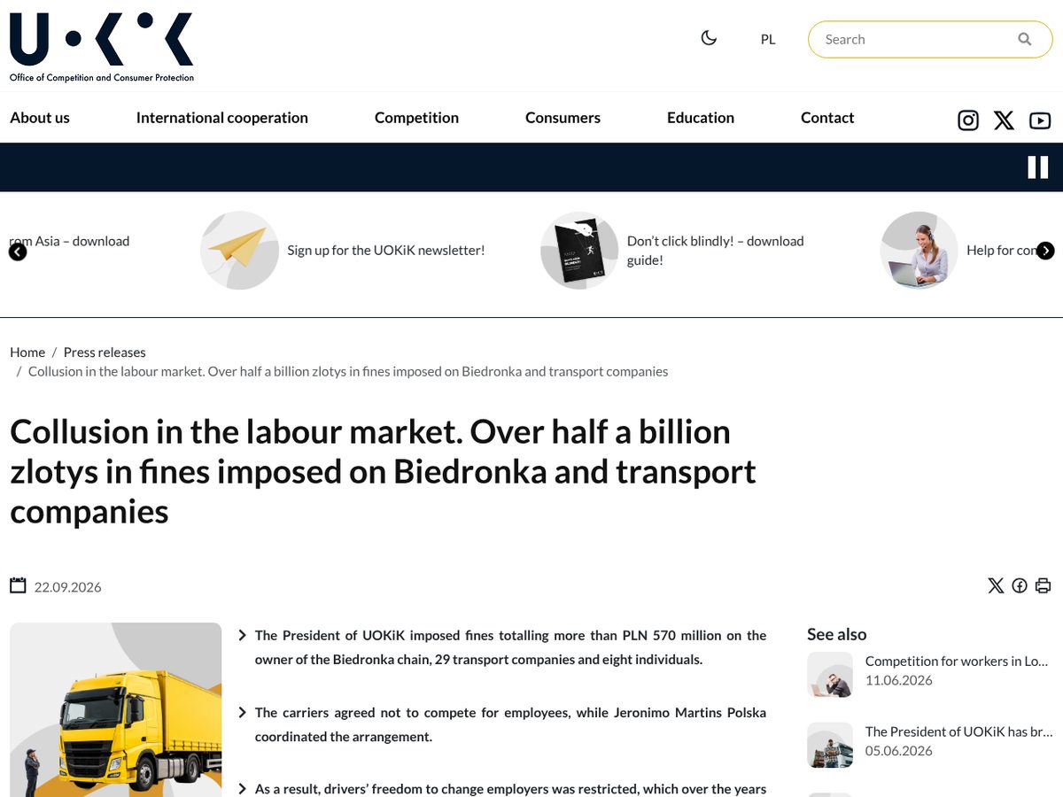 The page of Collusion in the labour market. Over half a billion zlotys in fines imposed on Biedronka and transport companies as published online