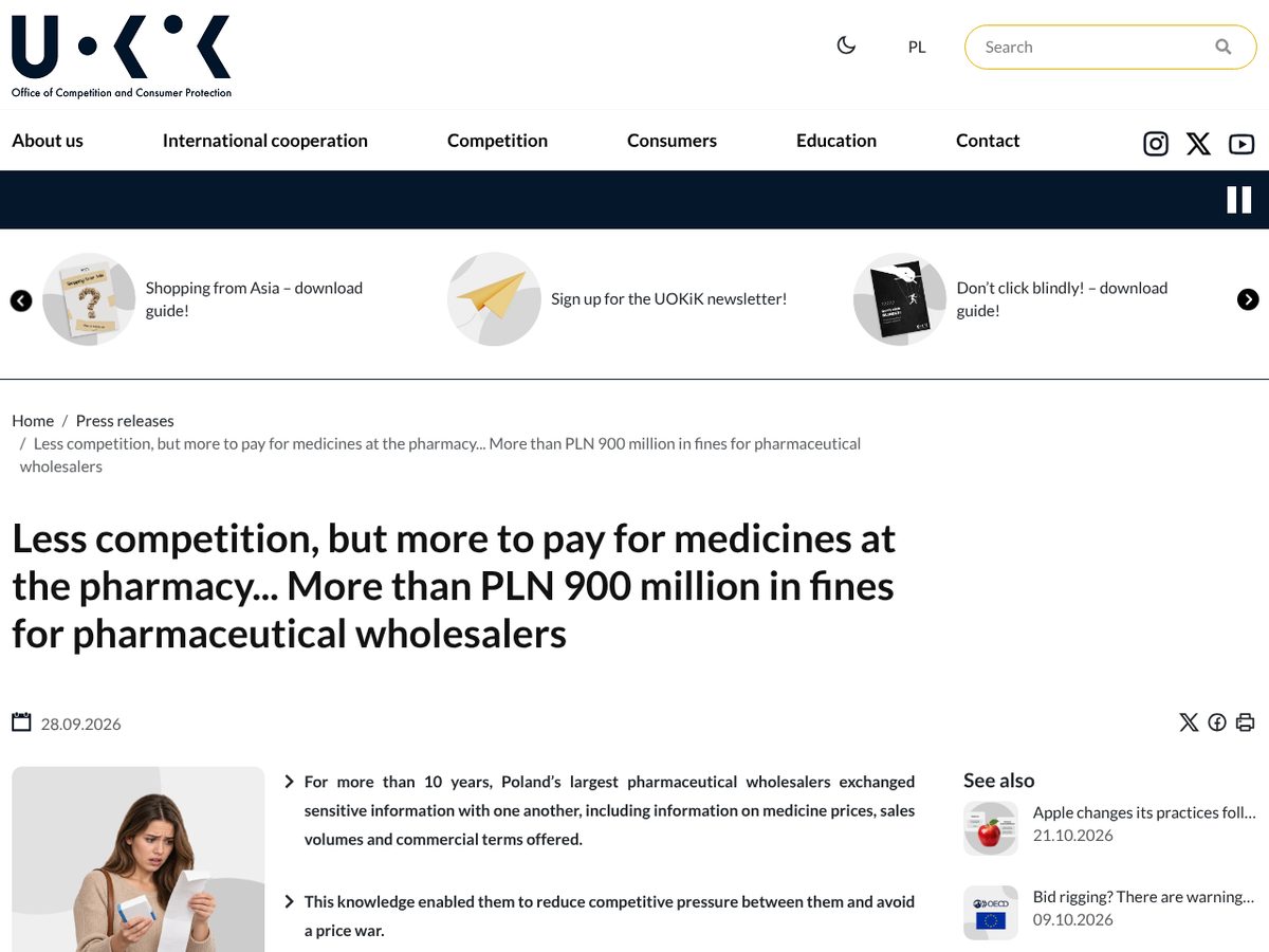 The page of Less competition, but more to pay for medicines at the pharmacy... More than PLN 900 million in fines for pharmaceutical wholesalers as published online