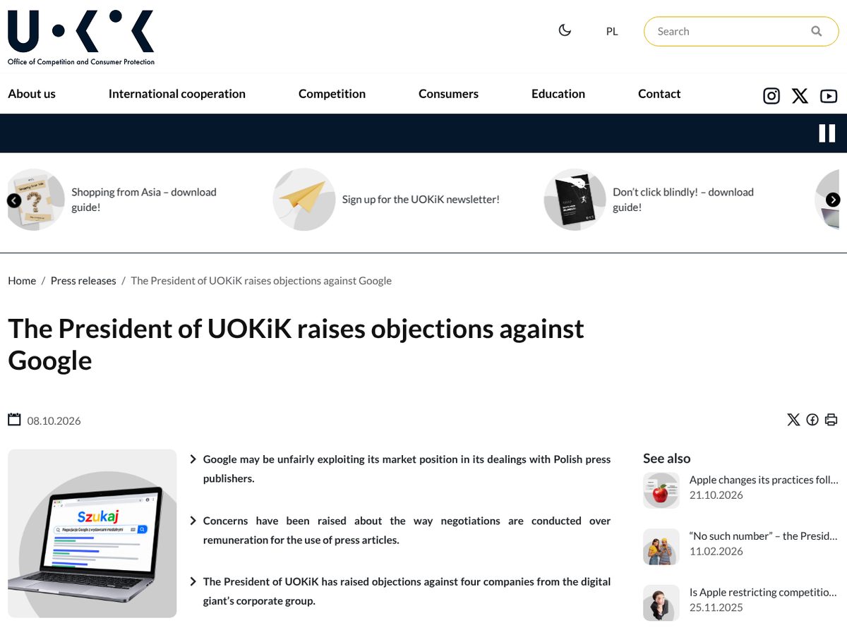 The page of The President of UOKiK raises objections against Google as published online