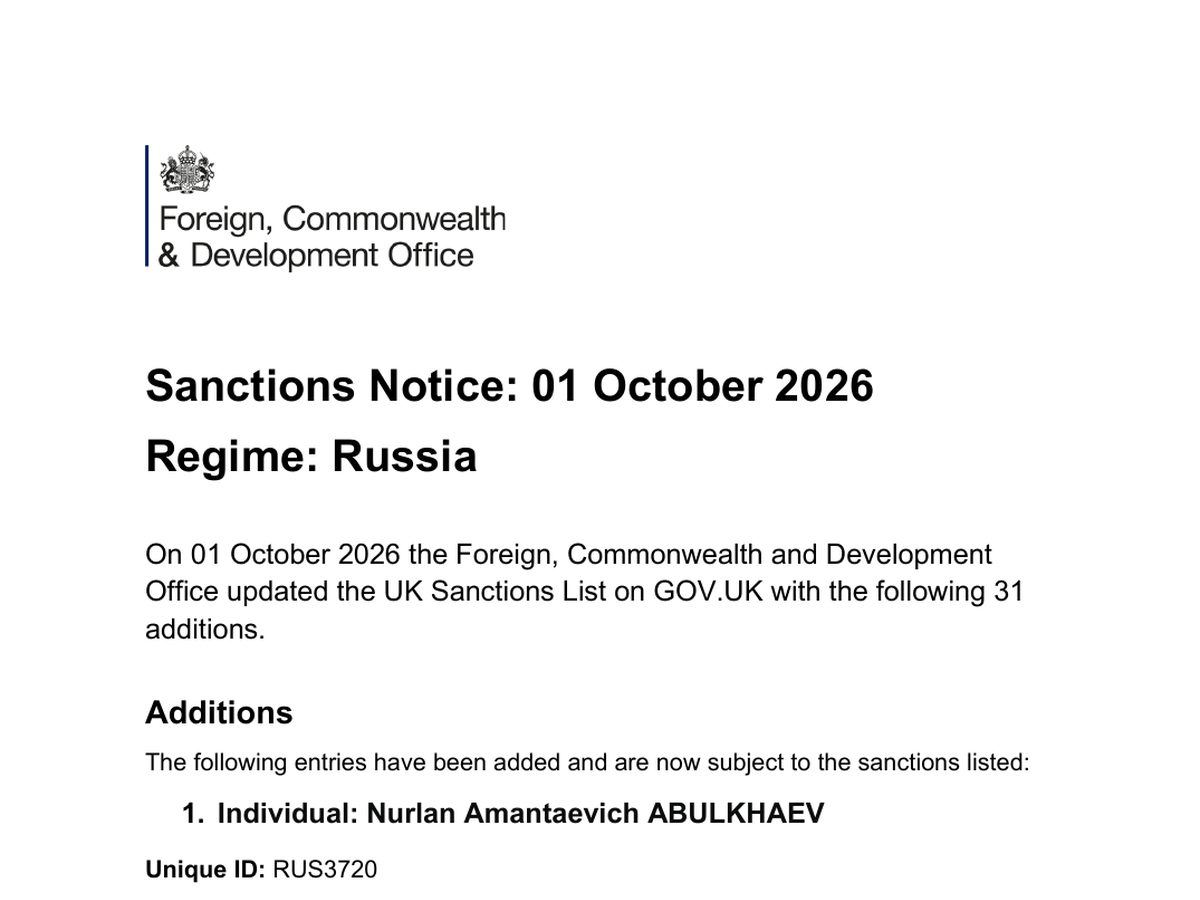 The top of the first page of Sanctions Notice, Russia, 01 October 2026