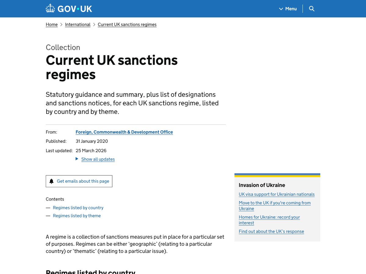 The page of Current UK sanctions regimes as published online