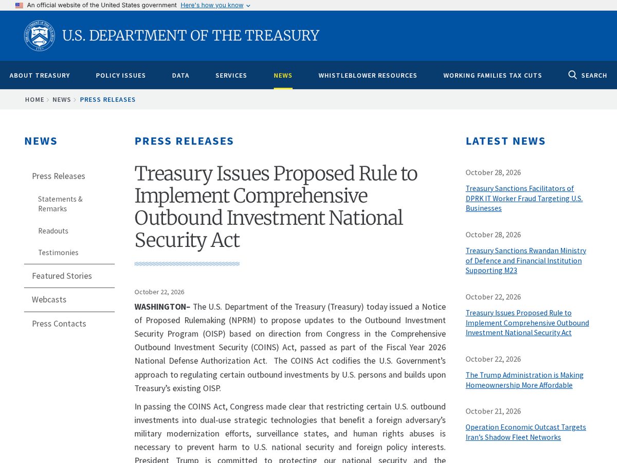 The page of Treasury Issues Proposed Rule to Implement Comprehensive Outbound Investment National Security Act as published online