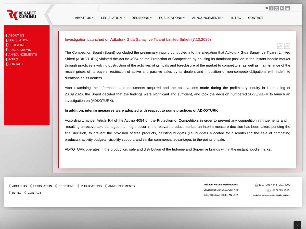 The page of Investigation Launched on Adkoturk Gıda Sanayi ve Ticaret Limited Şirketi as published online