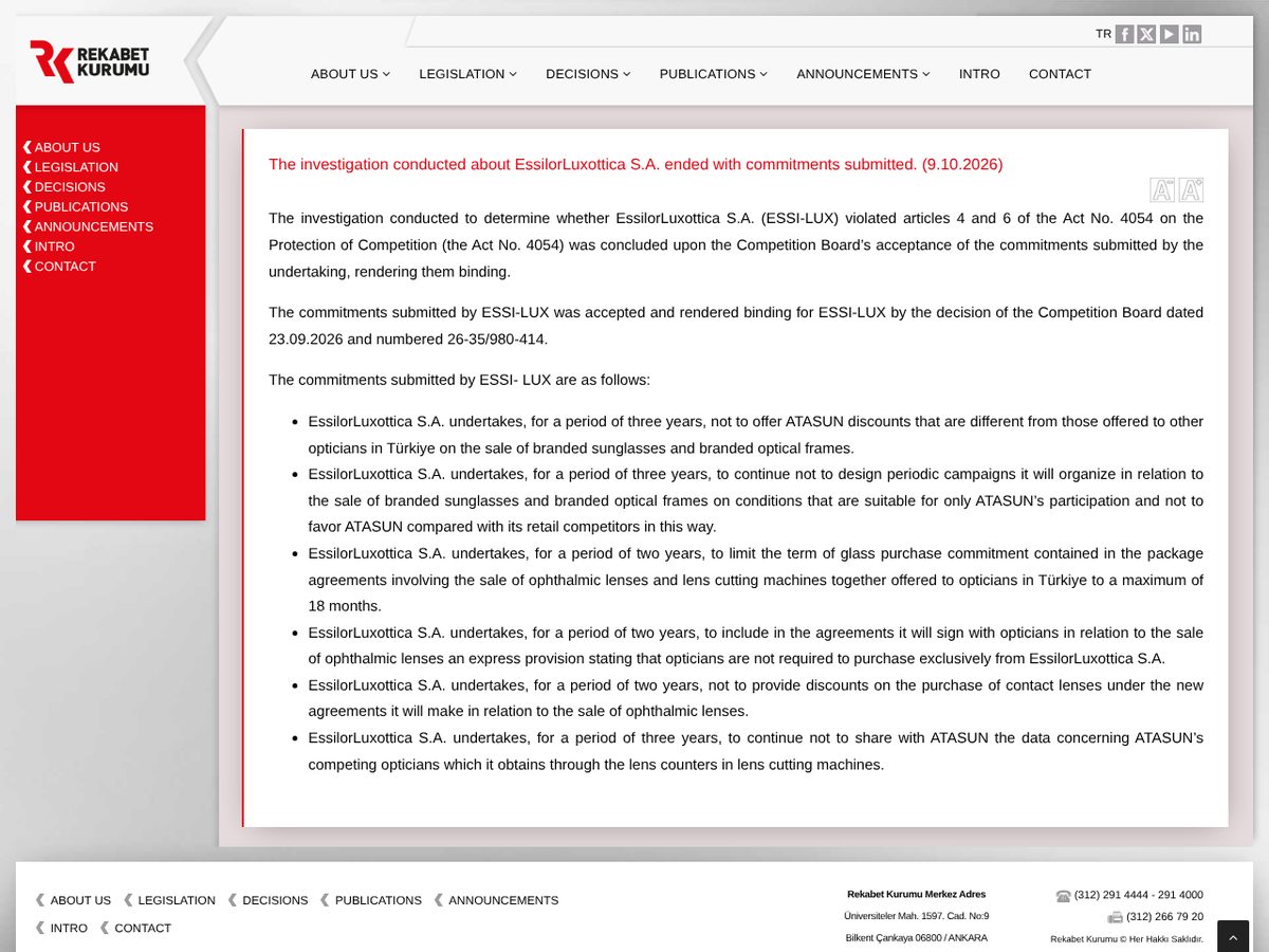 The page of The investigation conducted about EssilorLuxottica S.A. ended with commitments submitted as published online