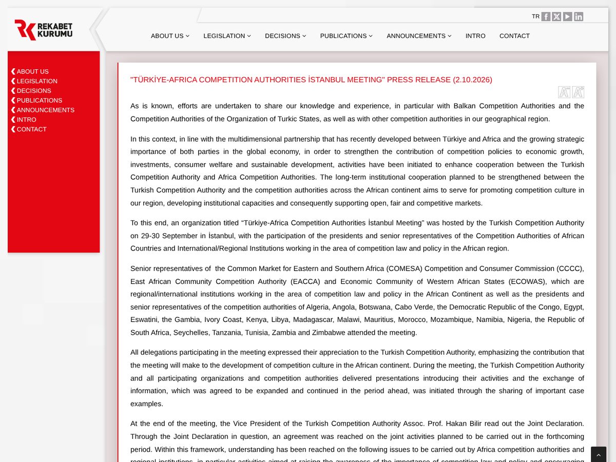 The page of Türkiye-Africa Competition Authorities İstanbul Meeting press release as published online