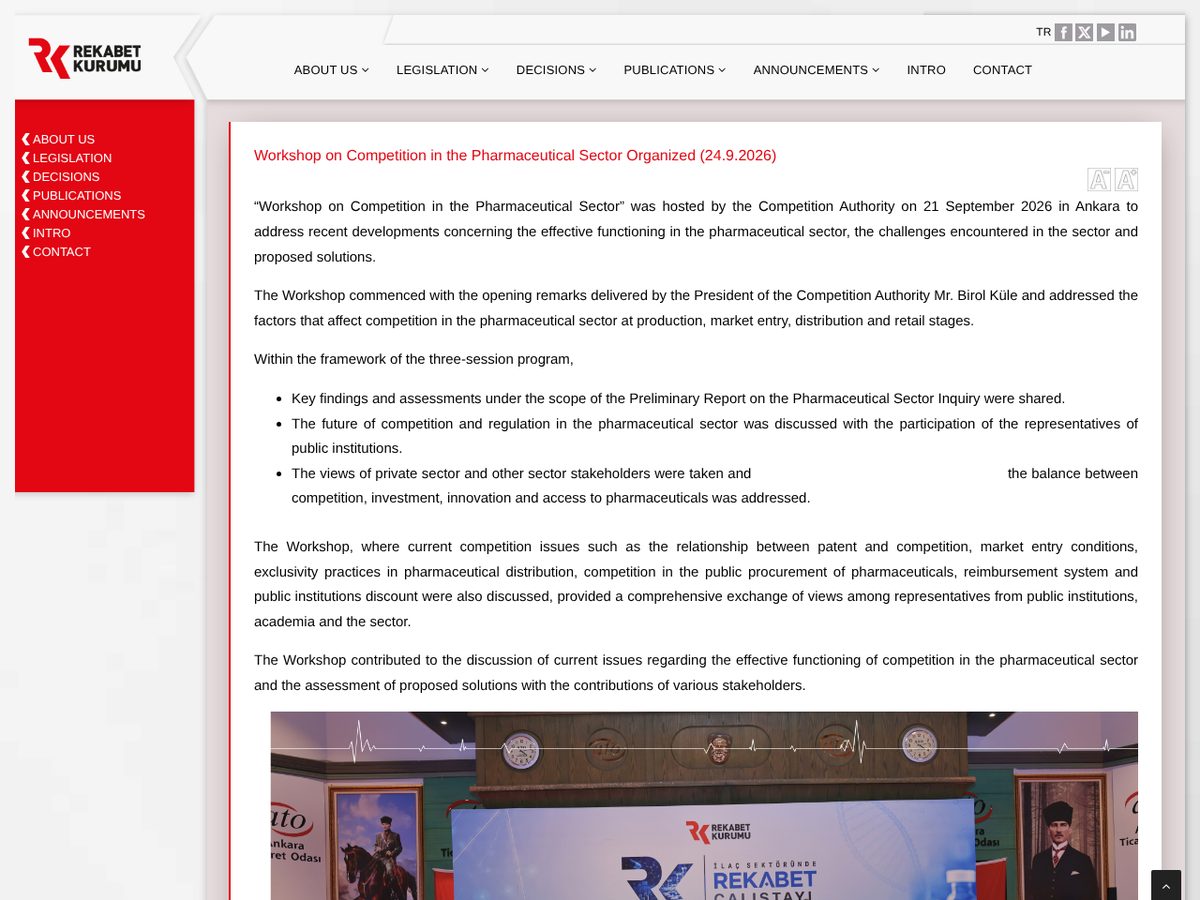 The page of Workshop on Competition in the Pharmaceutical Sector Organized as published online