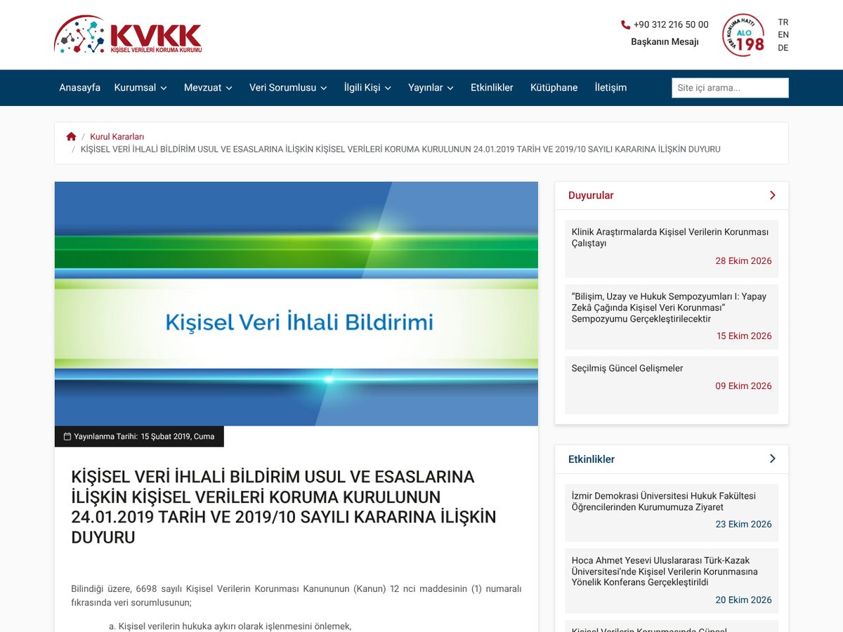 The page of Kişisel veri ihlali bildirim usul ve esaslarına ilişkin Kişisel Verileri Koruma Kurulunun 24.01.2019 tarih ve 2019/10 sayılı kararına ilişkin duyuru (Board decision 2019/10 on personal data breach notification) as published online