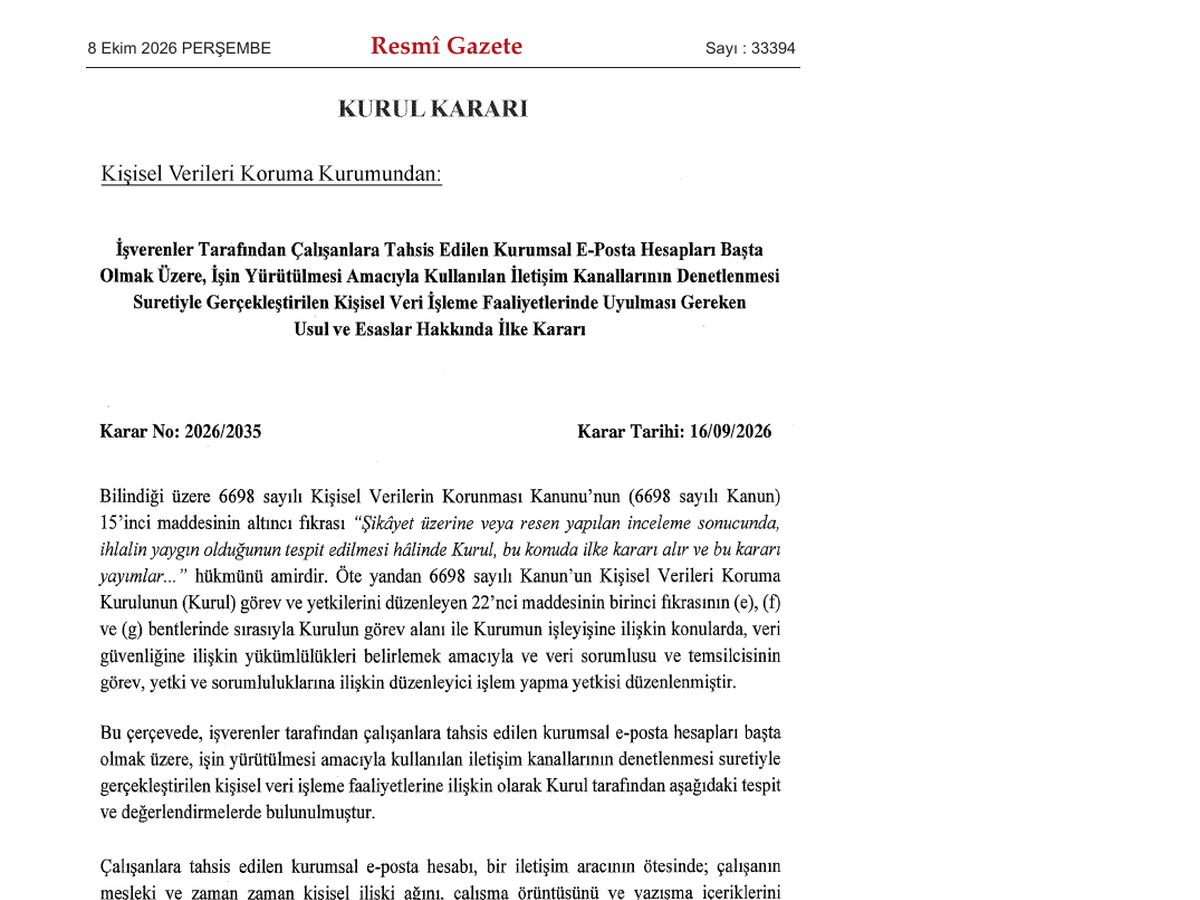 The top of the first page of Official Gazette, 8 October 2026: Personal Data Protection Board decision 2026/2035