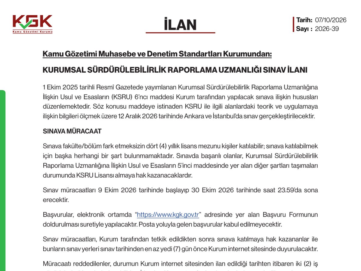 The top of the first page of KGK announcement 2026-39: Corporate Sustainability Reporting Expertise licence exam