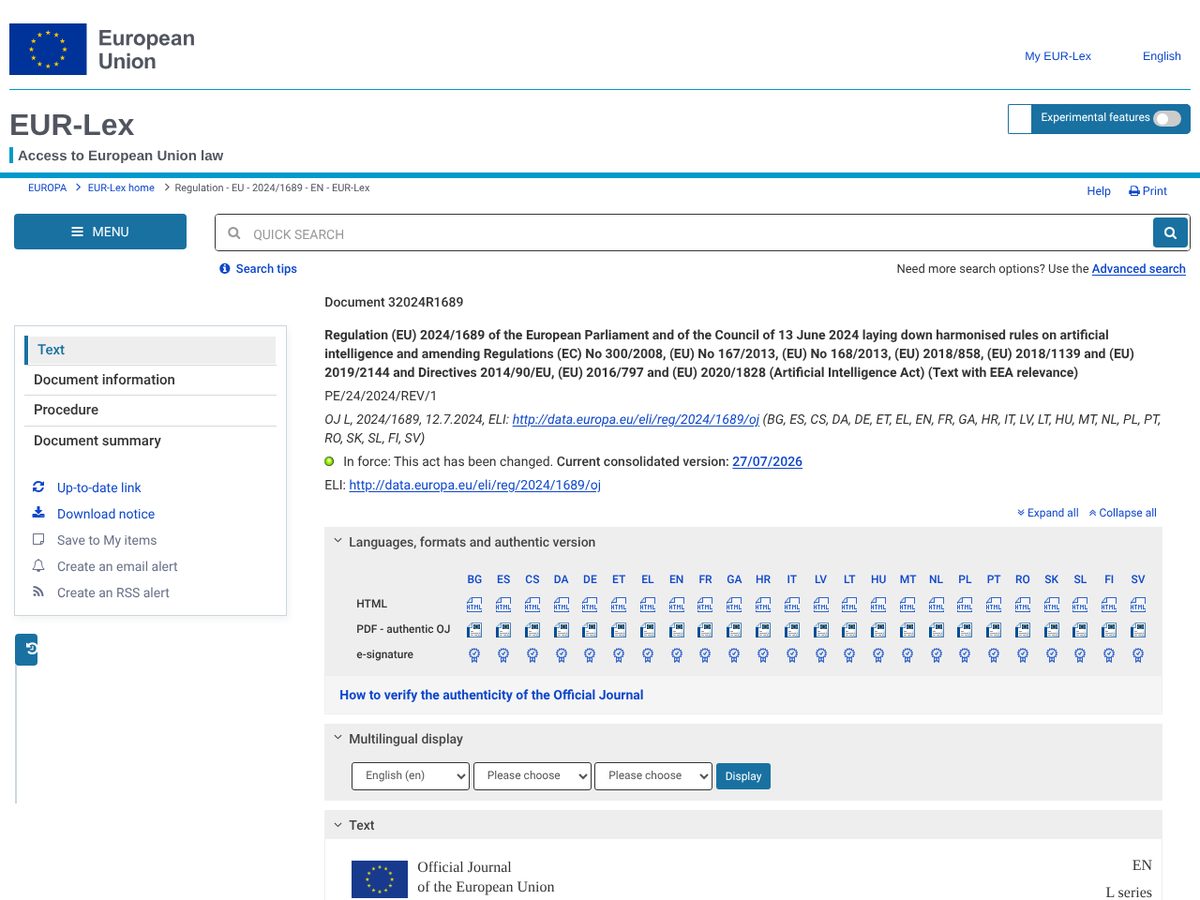 The page of Regulation (EU) 2024/1689 laying down harmonised rules on artificial intelligence (Artificial Intelligence Act), Official Journal text: Article 50 (transparency obligations) and Article 113 (application) as published online